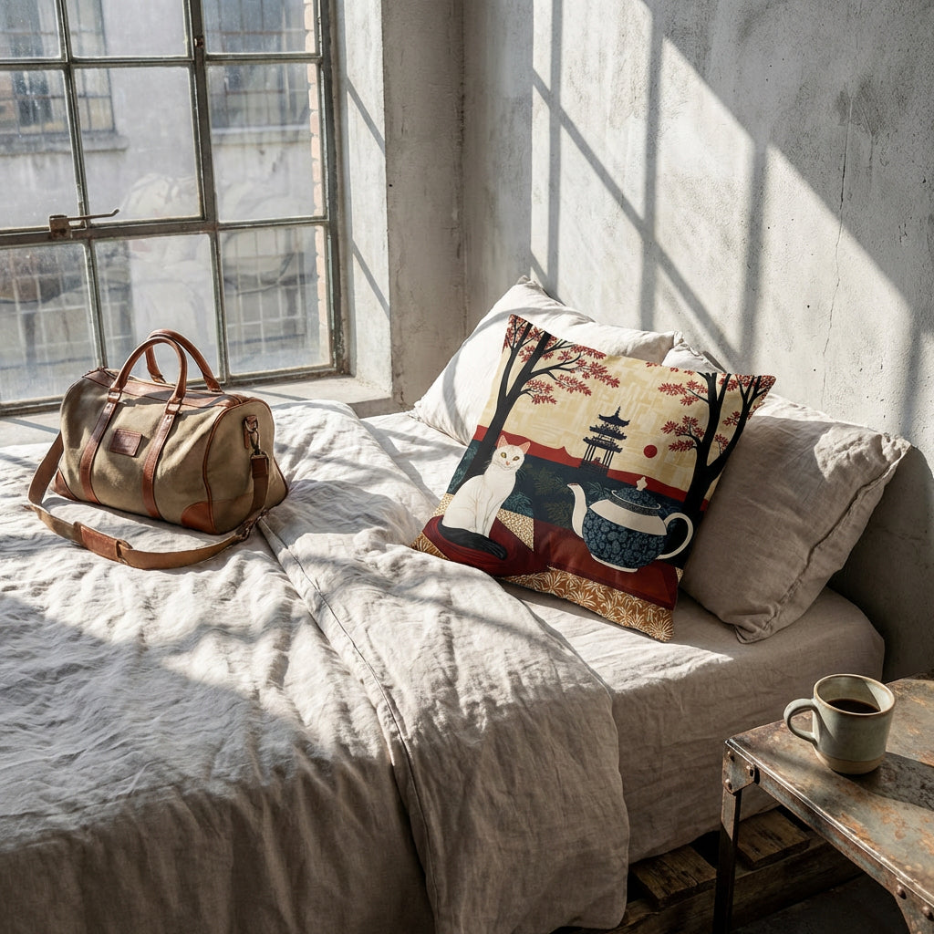 Photographie d’intérieur, vue en plongée en gros plan sur un coussin mzelle design motif chat japon, posé sur un lit près d'une fenêtre industrielle, sac de voyage sur le lit., mur brut ciment gris clair , tasse de café en céramique sur la table de chevet. 