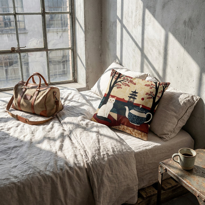 Photographie d’intérieur, vue en plongée en gros plan sur un coussin mzelle design motif chat japon, posé sur un lit près d'une fenêtre industrielle, sac de voyage sur le lit., mur brut ciment gris clair , tasse de café en céramique sur la table de chevet. 