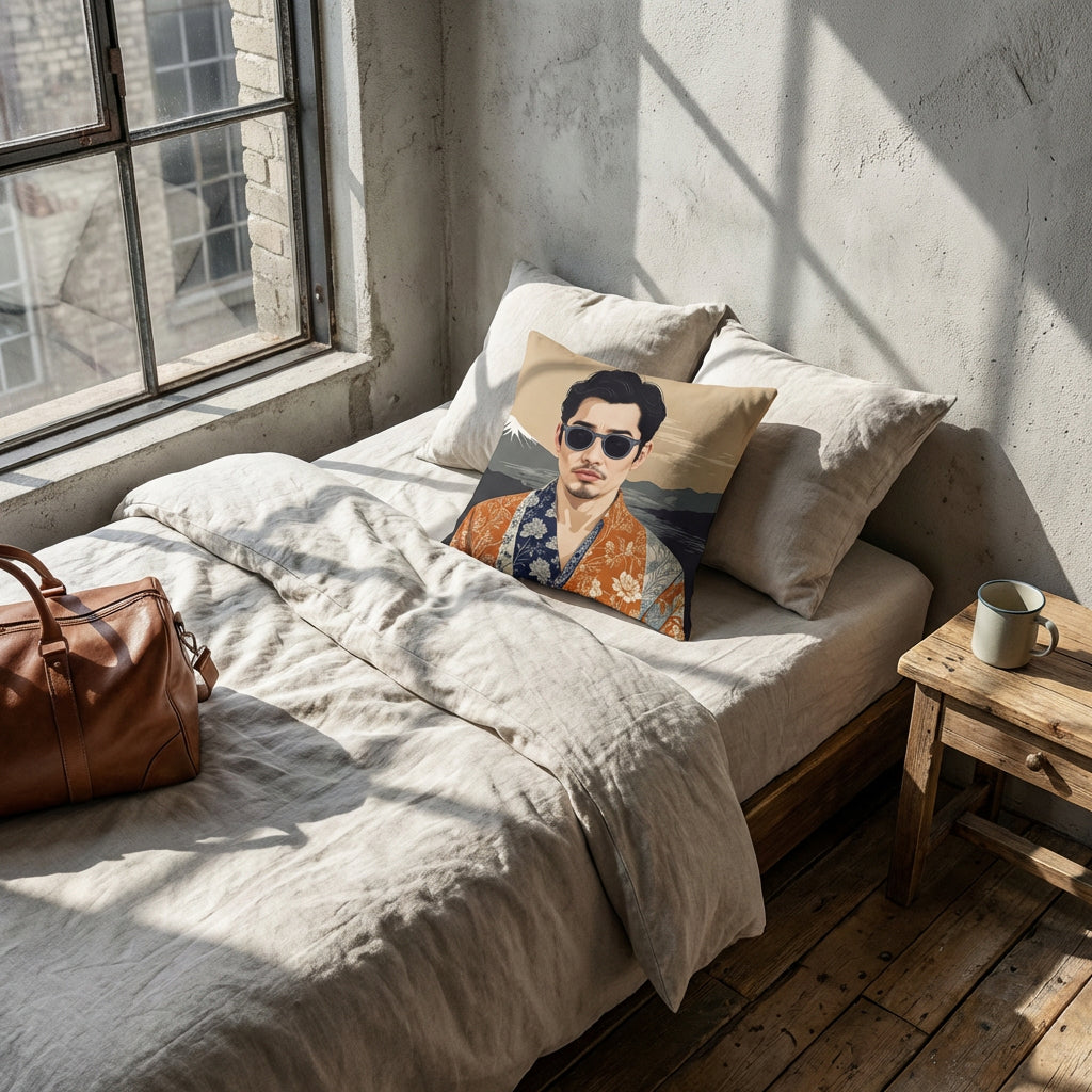 Photographie d’intérieur, vue en plongée en gros plan sur un coussin mzelle design, posé sur un lit près d'une fenêtre industrielle, sac de voyage sur le lit., mur brut ciment gris clair , tasse de café en céramique sur la table de chevet. 