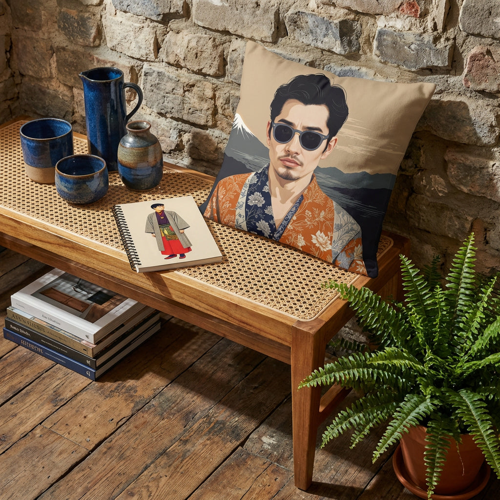 Photographie d’intérieur décoration de d'un concept store , gros plan sur une banquette en bois , orné d'un coussin et d'un carnet motif japon mzelle design posé à plat à côté, mur brut en pierres, sol en bois ancien, céramiques d'art, pile de livres d'art, fougère dans un pot au sol.