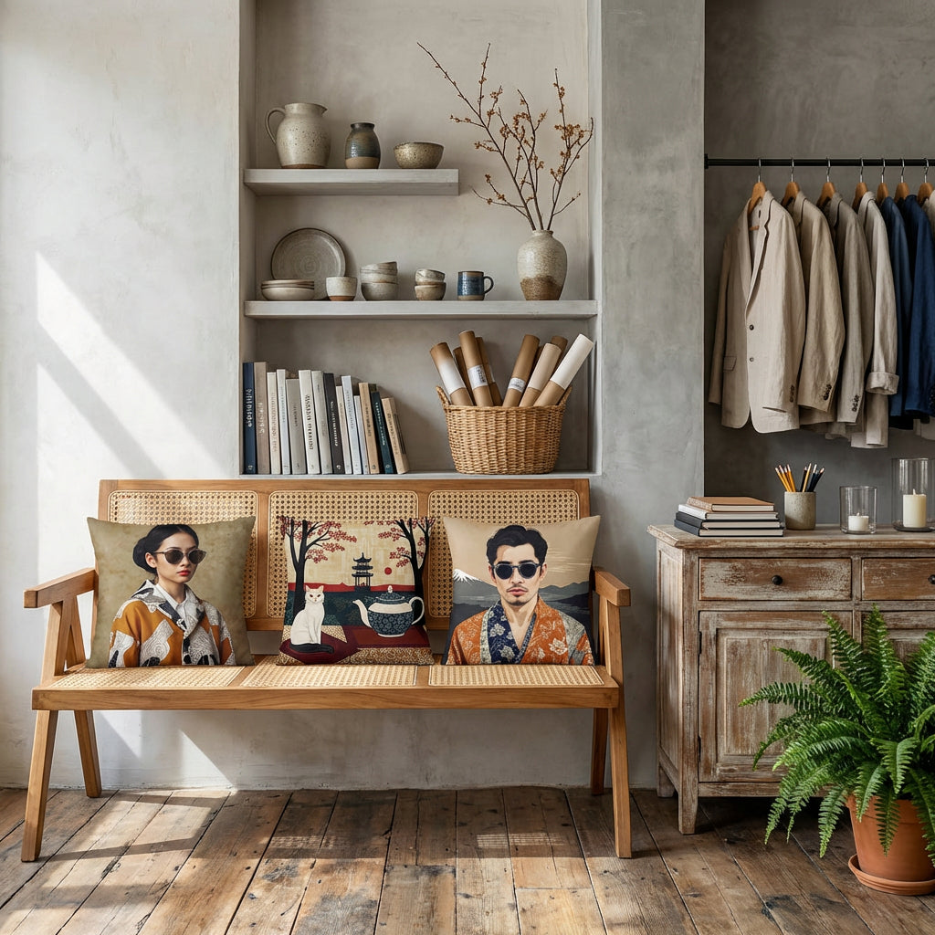 Photographie d’intérieur décoration de d'un concept store avec banquette en bois de manguier orné de 3 coussins mzelle design ,  des étagères des céramiques d'art , des livres d'art, portant de vêtements en lin, ambiance chic de boutique.