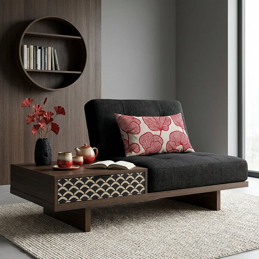 Photographie d'intérieur décoration japandi-nordique, épuré mais chaleureux, douce lumière naturelle. Vue de face d'un fauteuil-futon moderne assise en lin noir texturé orné d'un large coussinrectangle mzelle design motif ginkgo rouge et écru, extension en bois sur un côté du fauteuil servant de table basse, avec un tiroir. Service à thé en céramique à dégradé rouge et beige, livre.