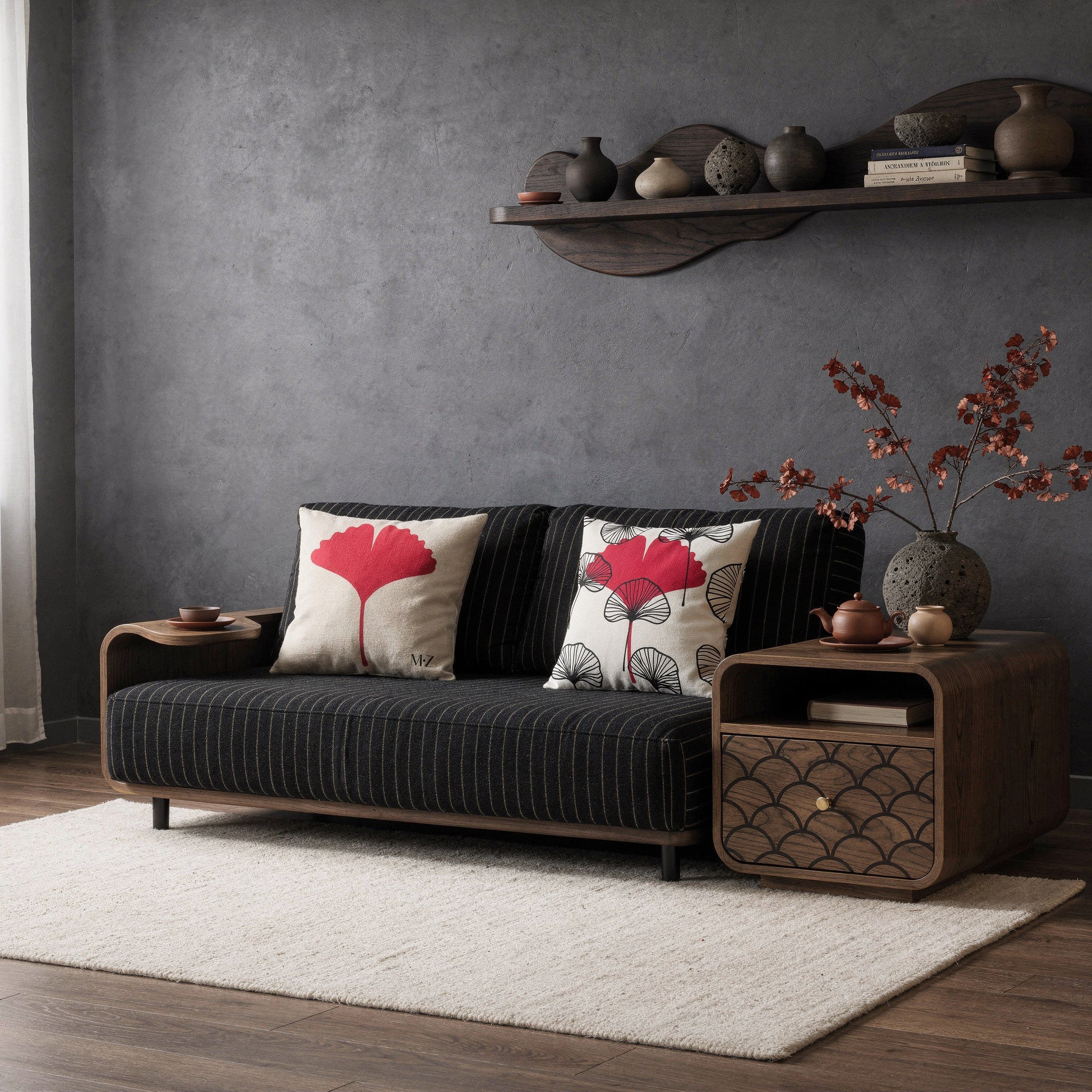 Photographie d'intérieur décoration  japandi-nordique, épurée mais chaleureux, douce lumière naturelle. Vue de face d'un fauteuil-futon moderne assise en lin finement rayé noir et beige orné de deux larges coussins mzelle design,  table basse avec un tiroir peint d'un motif en écaille de poisson noir et beige. Service à thé en céramique et branches de gonkgo.