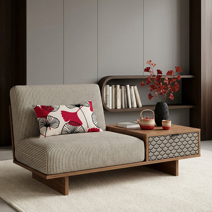 Photographie d'intérieur japandi-nordique, épuré mais chaleureux, fauteuil-futon moderne orné d'un beau coussin rectangulaire mzelle design motifs ginkgo,  table basse, avec un tiroir peint d'un motif en écaille de poisson noir et beige. Service à thé en céramique et branches de ginkgo rouges.