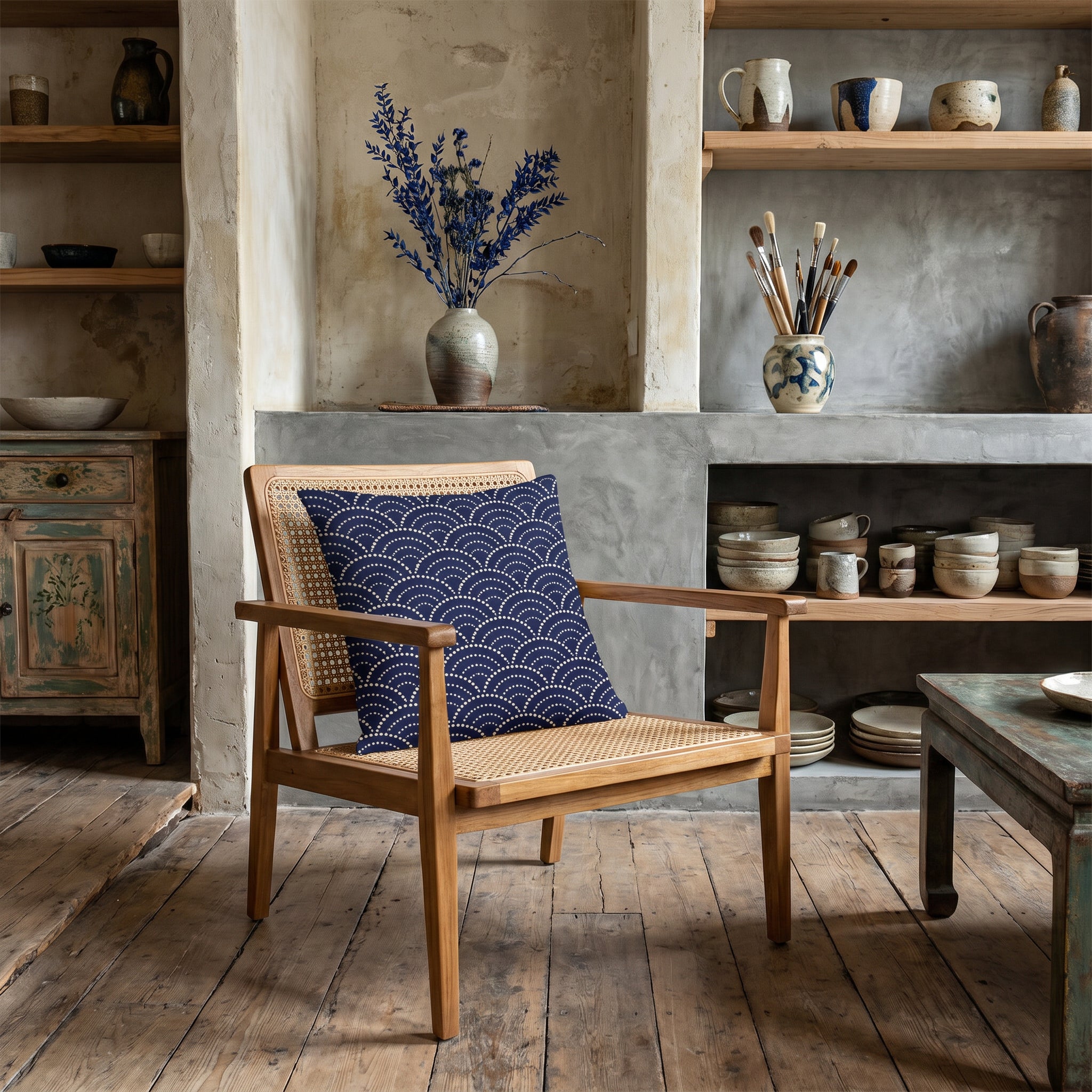 Photographie d’intérieur décoration de  boutique concept store, verrière industrielle, gros plan sur une chaise vue de face, en bois de manguier orné d'un coussin mzelle design motif bleu japonais seigaiha, étagères de céramiques, vase avec des branches séchées ikebana, rangées de livres d'art, rouleaux d'affiches dans un panier, vêtements sur un portant.
