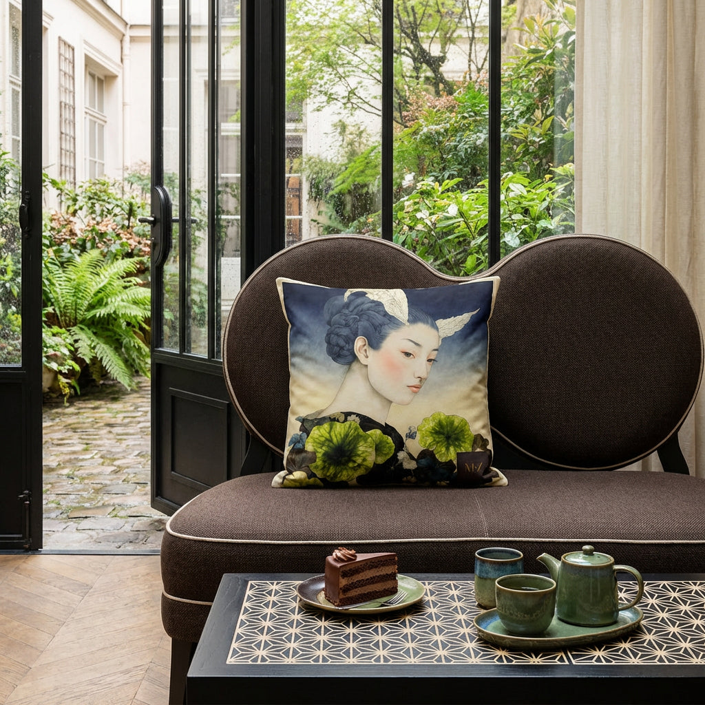 Photographie de décoration salon de thé, petite banquette ornée d'un large coussin carré mzelle design motif geisha au centre, sur une table de bistrot en bois peint noir mat avec des motifs japonais asanoha écrus minutieux, parts de layer cake au chocolat, service à thé en grès vert et bleu, en arrière plan une verrière. 