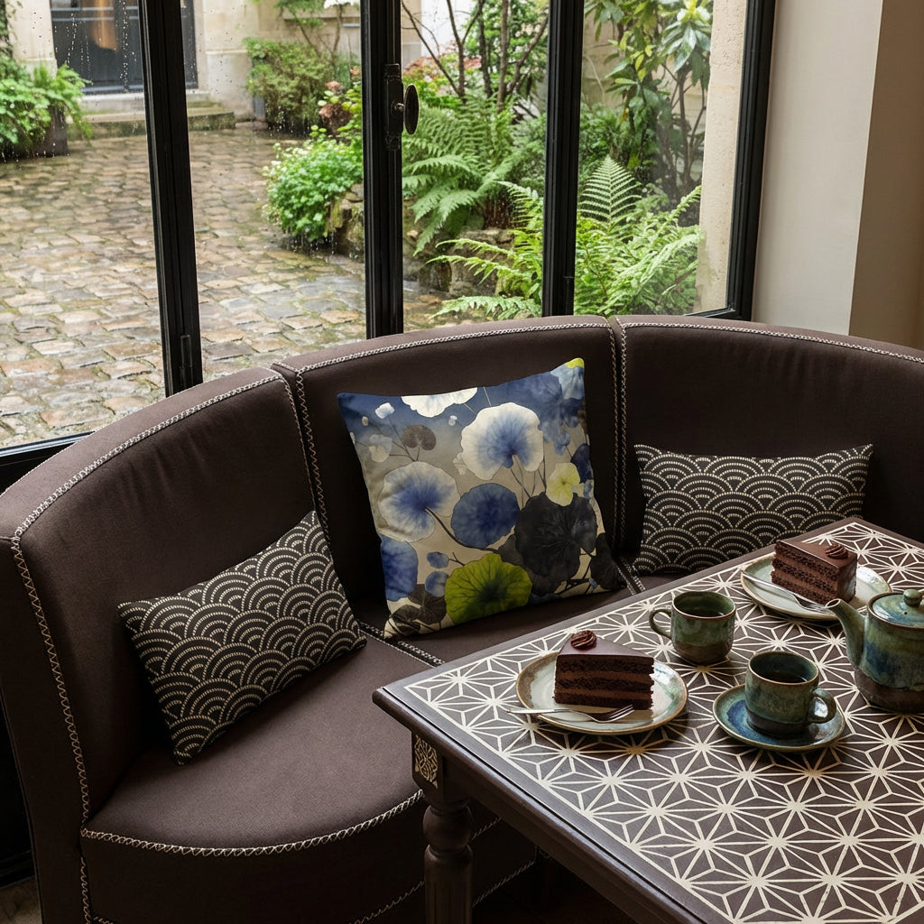 Photographie de décoration salon de thé, petite banquette  ornée d'un large coussin carré mzelle design motif feuilles au centre, sur une table de bistrot en bois peint noir mat avec des motifs japonais asanoha écrus minutieux, parts de layer cake au chocolat, service à thé en grès vert et bleu, en arrière plan une verrière. 