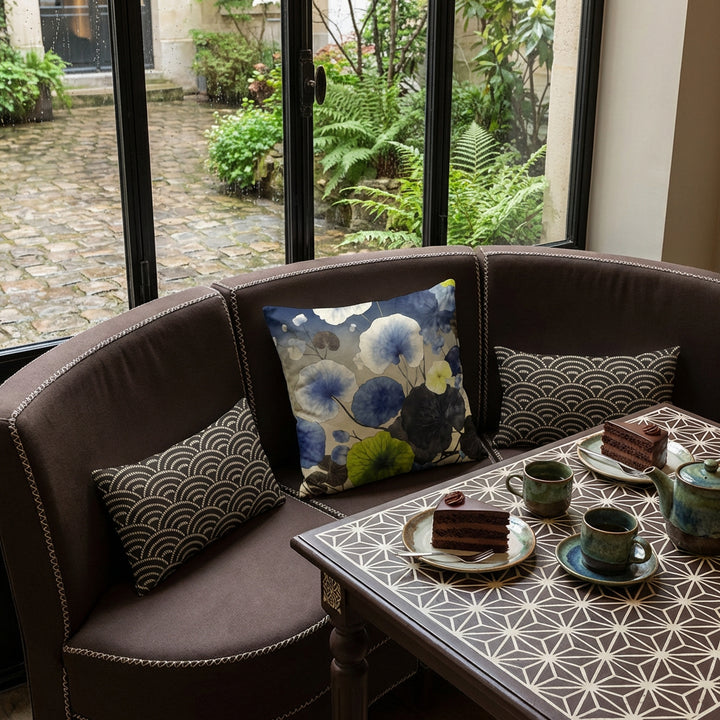 Photographie de décoration salon de thé, petite banquette  ornée d'un large coussin carré mzelle design motif feuilles au centre, sur une table de bistrot en bois peint noir mat avec des motifs japonais asanoha écrus minutieux, parts de layer cake au chocolat, service à thé en grès vert et bleu, en arrière plan une verrière. 