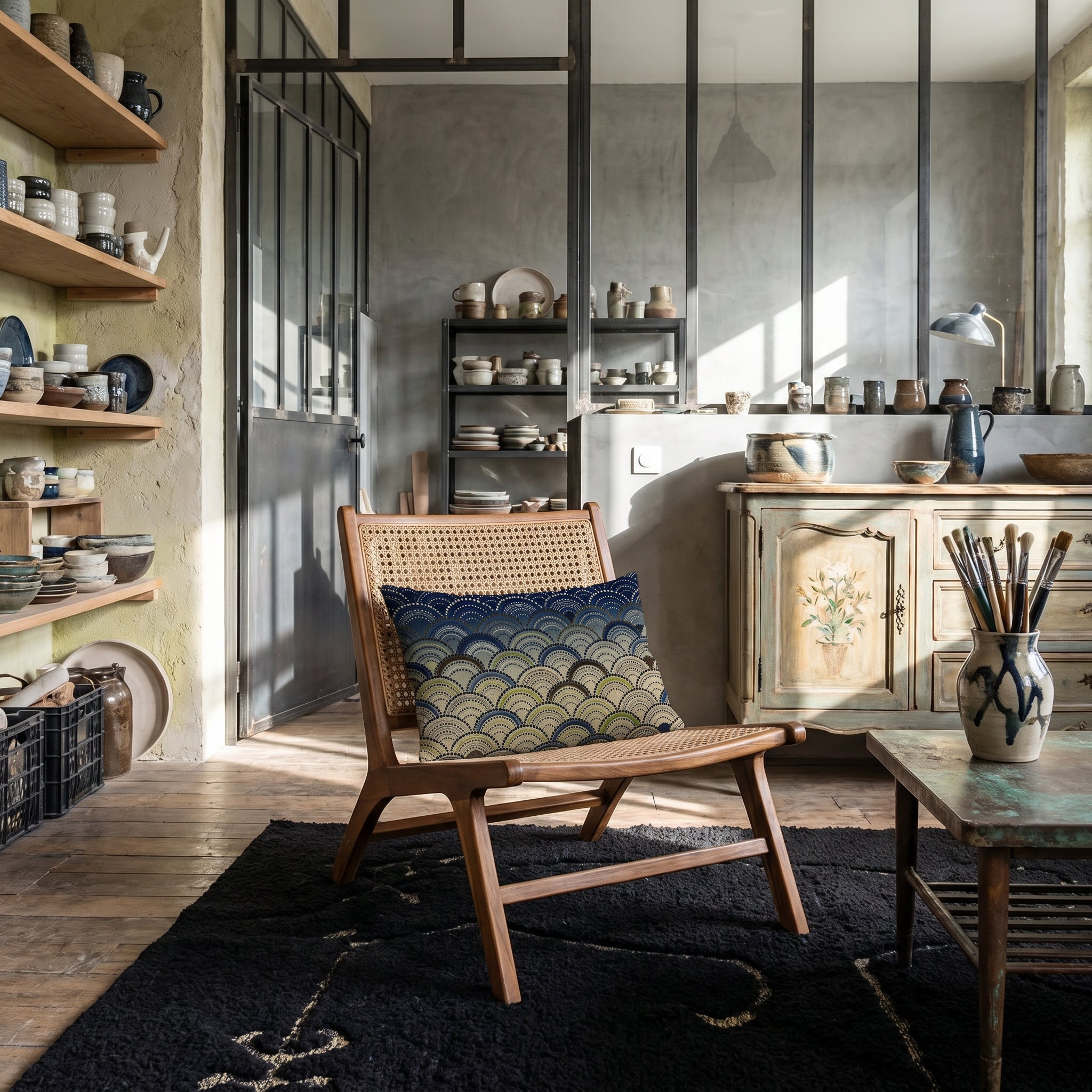 Photographie d’intérieur décoration de loft d’artiste céramiste,  gros plan sur une chaise vue de face, en bois de manguier et cannelage, orné d'un coussin mzelle design motif japonais seigaiha, tapis noir motif en laine bouclée, murs bruts enduit chaux et béton ciré gris, sol en bois ancien irrégulier. 
