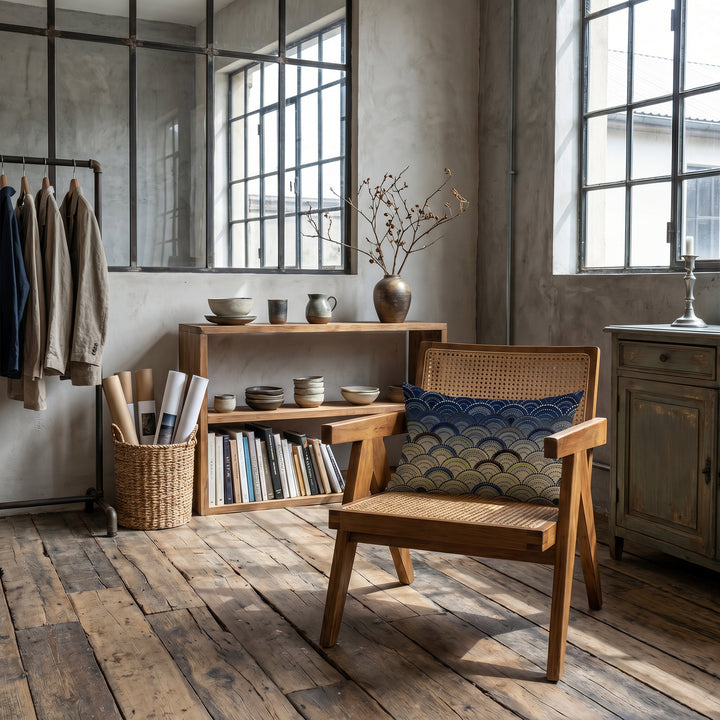 Photographie d’intérieur décoration de  boutique concept store, verrière industrielle, gros plan sur une chaise vue de face, en bois de manguier orné d'un coussin mzelle design motif japonais seigaiha, étagères de céramiques, vase avec des branches séchées ikebana, rangées de livres d'art, rouleaux d'affiches dans un panier, vêtements sur un portant.