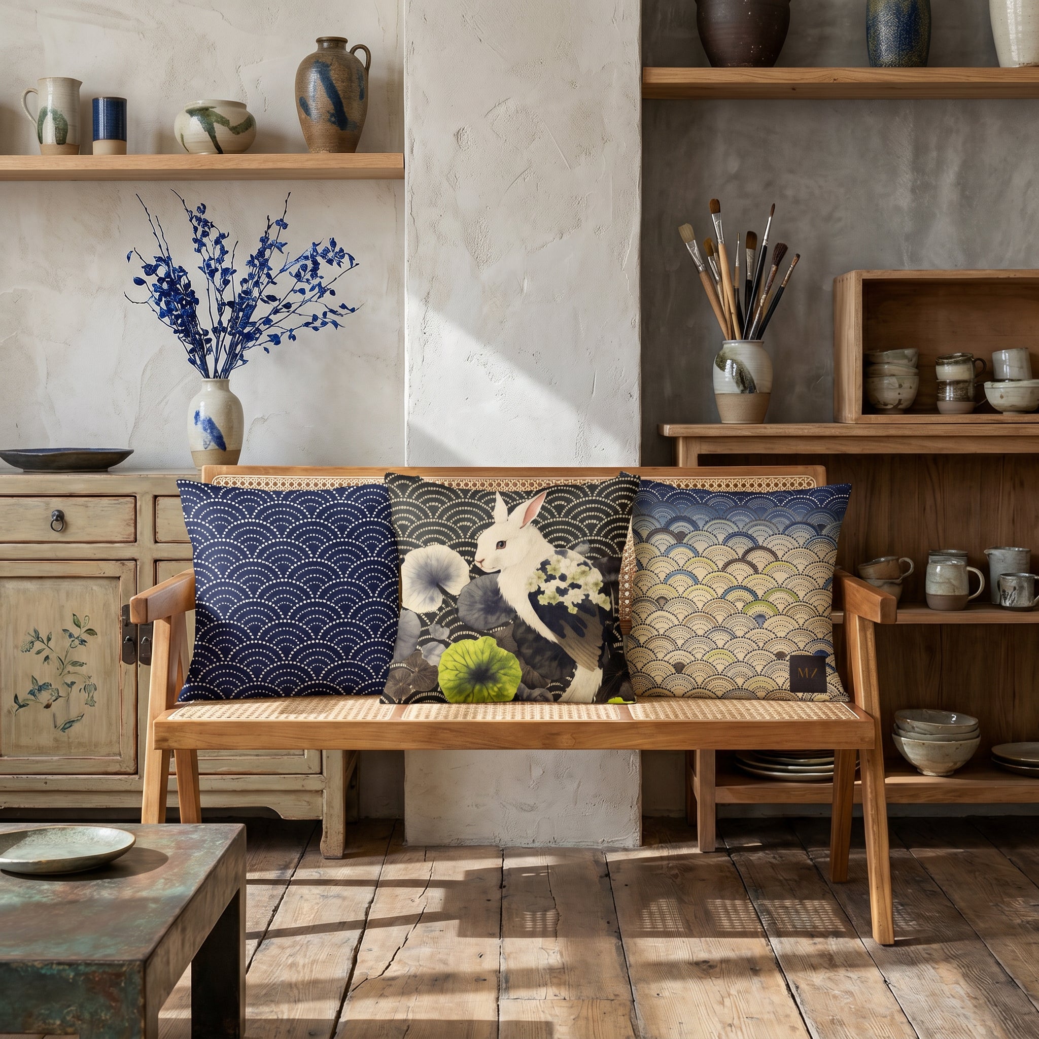 Photographie d’intérieur décoration de  boutique concept store, verrière industrielle, gros plan sur une banquette vue de face, en bois de manguier orné de tris superbes coussins mzelle design motif japonais seigaiha et lapin, étagères de céramiques, vase avec des branches séchées ikebana, rangées de livres d'art, rouleaux d'affiches dans un panier, vêtements sur un portant.