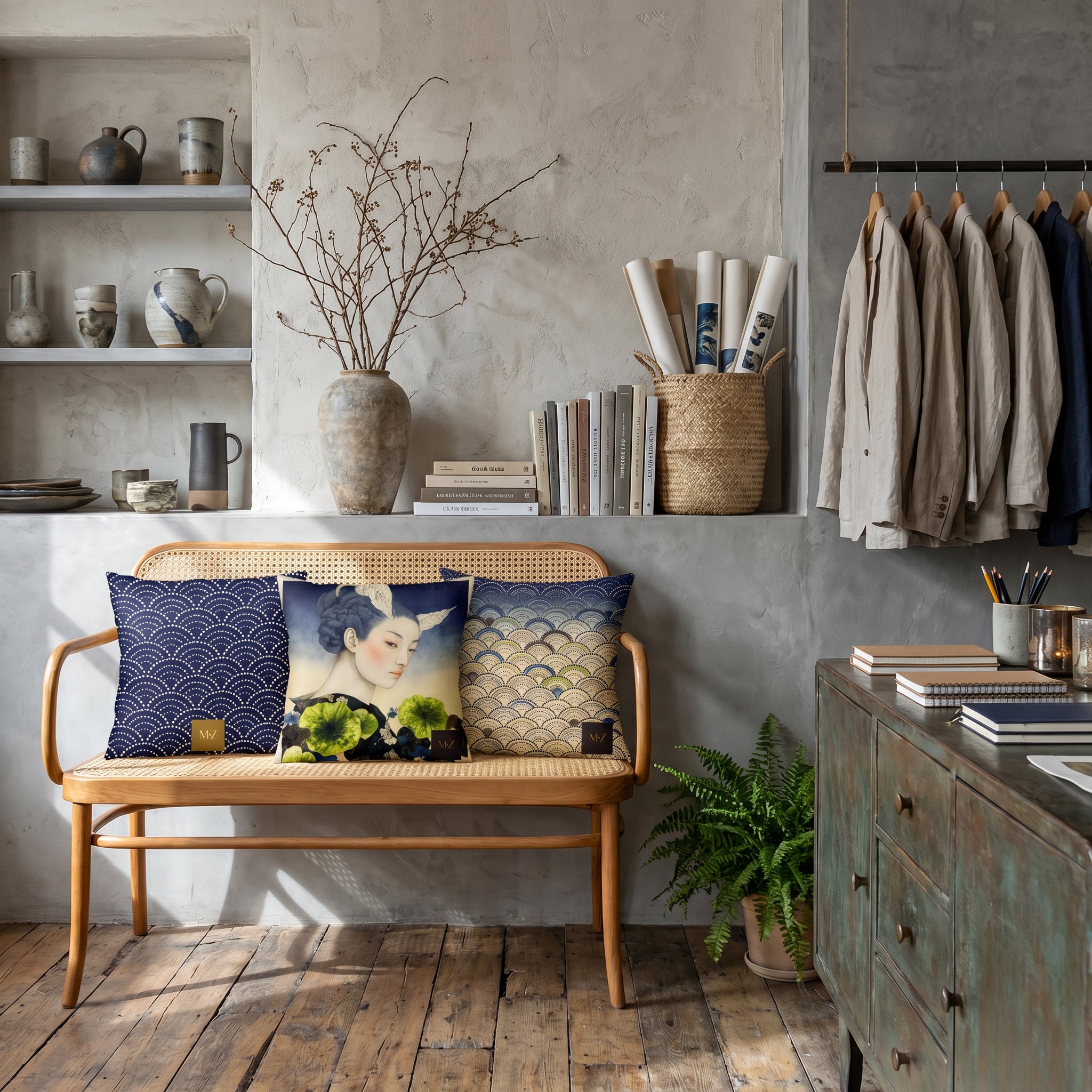Photographie d’intérieur décoration de  boutique concept store, verrière industrielle, gros plan sur une banquette vue de face, en bois de manguier orné de trois coussins mzelle design motif japonais seigaiha et fleurs, étagères de céramiques, vase avec des branches séchées ikebana, rangées de livres d'art, rouleaux d'affiches dans un panier, vêtements sur un portant.
