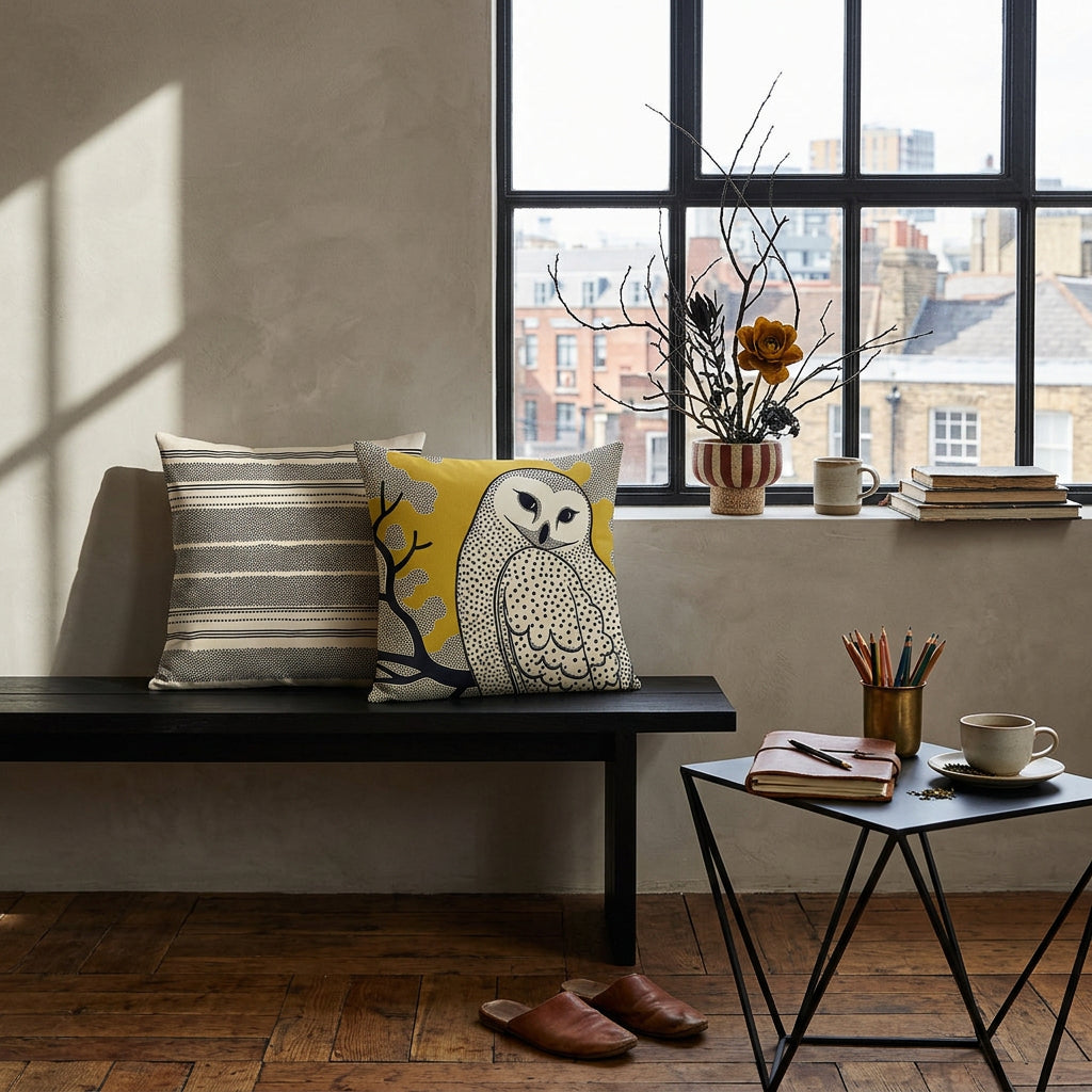 Photographie d’intérieur décoration de loft Wabi sabi , banquette en bois noir orné de 2 coussins mzelle design, fenêtre industrielle vue sur le ville, adossé au mur grège lisse , sol en parquet rustique, une table basse en métal noir, composition ikébana noire dans un pot en céramique rayé beige et rouge sur le rebord de la fenêtre. 