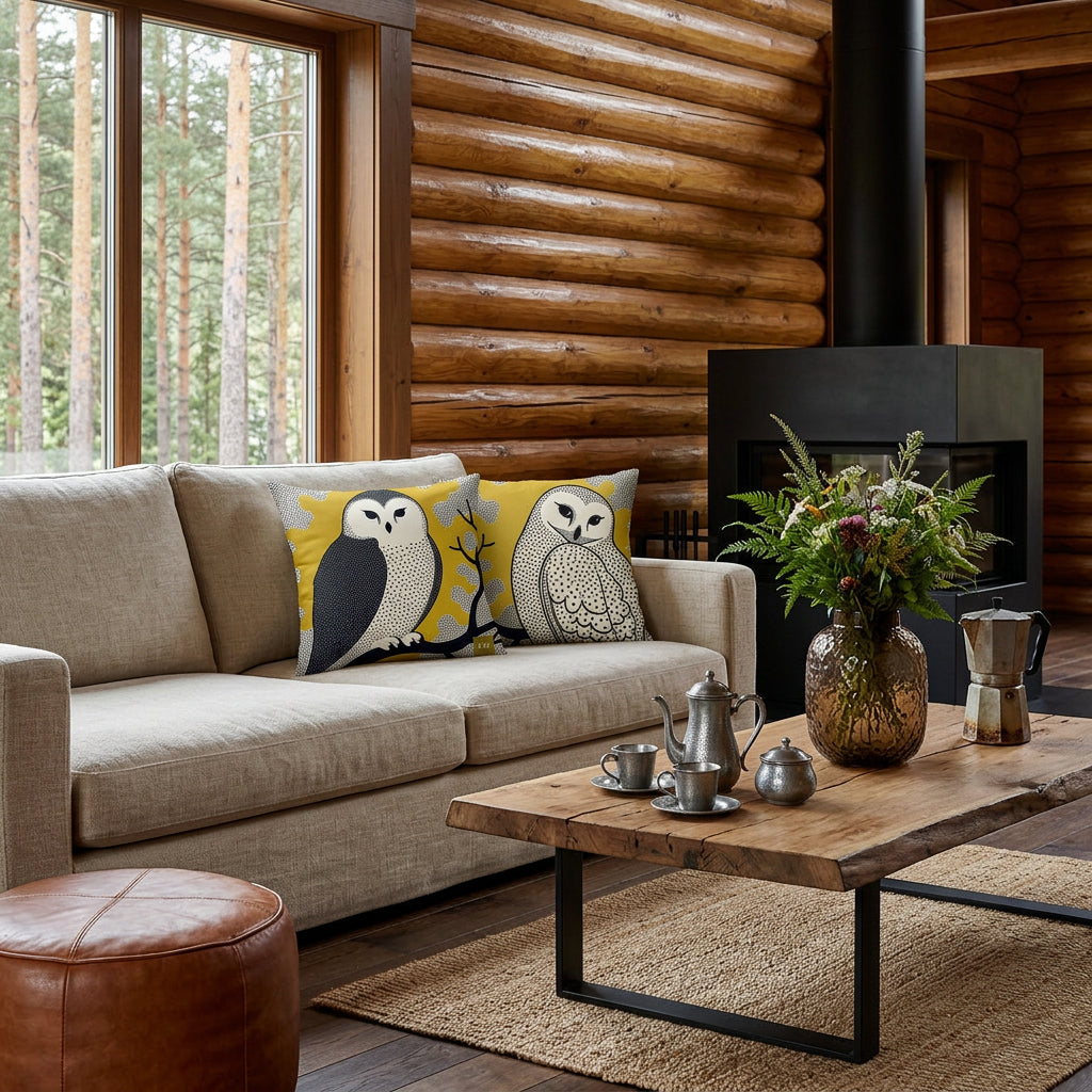 Photo professionnelle de décoration d'intérieur, salon de chalet, grand canapé généreux en lin naturel orné de 2 coussins mzelle design motifs hiboux chouettes jaunes, mur en rondins de bois vernis ,cheminée brasero d'appoint esthétique, table basse monastique en bois brut touches de métal noir mat. 