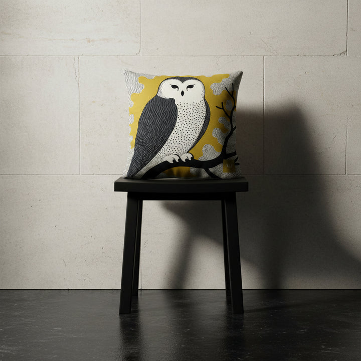 Photographie professionnelle qualité studio, d'un coussin mzelle design motif hibou, exposé sur un tabouret japonais en bois noir disposé contre un mur de pierres clairs, sol en béton ciré noir.