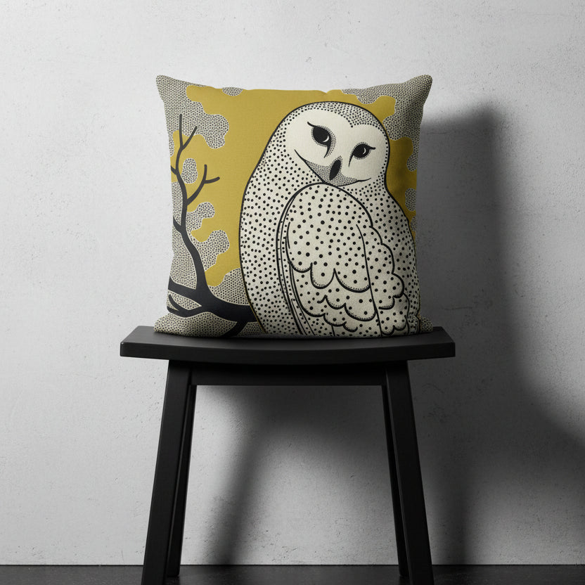Photographie professionnelle qualité studio, d'un coussin mzelle design motif hibou, exposé sur un tabouret japonais en bois noir disposé contre un mur de pierres clairs, sol en béton ciré noir.
