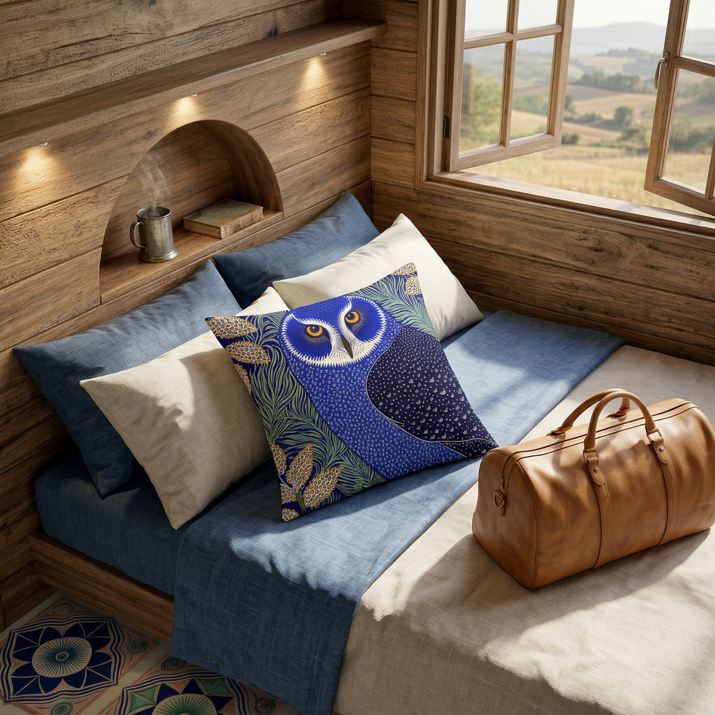Photographie d’intérieur, chambre rustique montagnarde ,  coussin mzelle design motif hibou bleu posé sur un grand lit contre 2 oreillers, draps raffinés en coton de chambray bleu uni et écru, un sac de voyage en cuir camel sur le lit, mur en bois d'acacia brut et fenêtre ouverte, vue campagne, sol en carrelage élaboré.
