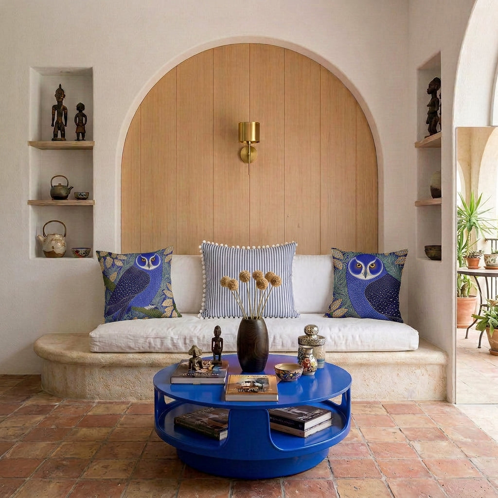 Photo professionnelle de décoration d'intérieur, salon Arty dans une villa provençale . Au premier plan un canapé taillé dans la pierre brute surélevé sur une marche arrondie, assises en lin blanc, orné de 2 coussins larges mzelle design motif hibou de chaque côté et un coussin rayé bleu et blanc au centre finitions petits pompons blancs.