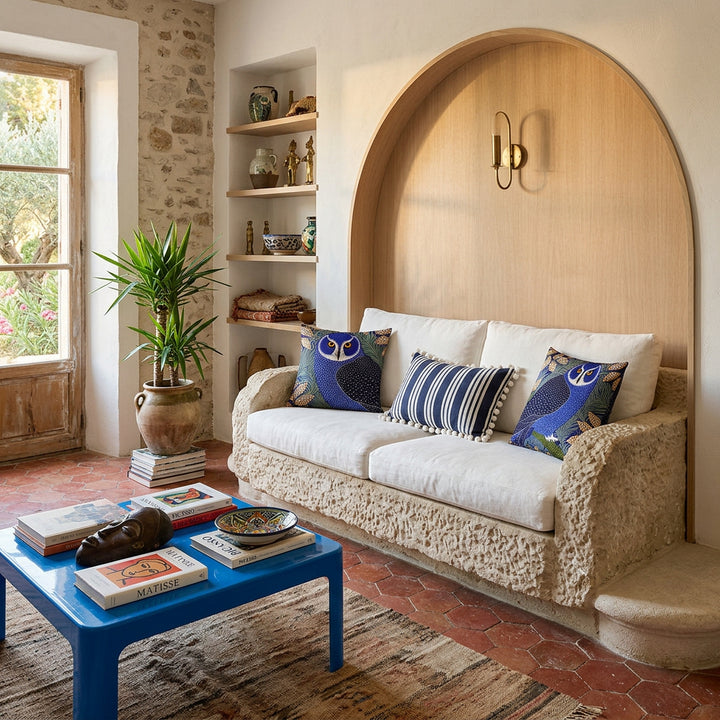 Photo professionnelle de décoration d'intérieur, salon Arty dans une villa provençale . Au premier plan un canapé taillé dans la pierre brute surélevé sur une marche arrondie, assises en lin blanc, orné de 2 coussins larges mzelle design motif hibou de chaque côté et un coussin rayé bleu et blanc au centre finitions petits pompons blancs.