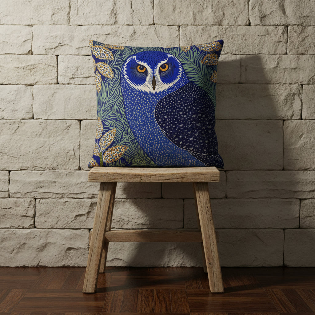 Photographie professionnelle qualité studio, d'un coussin exposé sur un tabouret rustique en bois clair disposé contre un mur de pierres clairs, sol en parquet foncé.