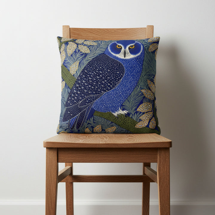 Photographie professionnelle qualité studio, d'un coussin exposé sur une chaise rustique en chêne brut disposée contre un mur lisse blanc, sol en parquet foncé.