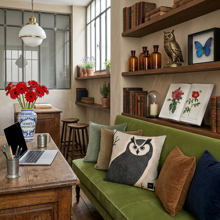 Photo professionnelle de décoration d'intérieur, espace de coworking inspiré d'une ancienne herboristerie. Banquette en velours vert avocat vue de 3/4 orné d'un large coussin mzelle design motif hibou. Etagères en chêne remplies de livres, flacons décoratifs en verre ambré, bougie sous cloche, une statue de hibou en laiton, 1 cadre contenant un papillon bleu. Comptoir ancien en bois massif servant de bureau. 