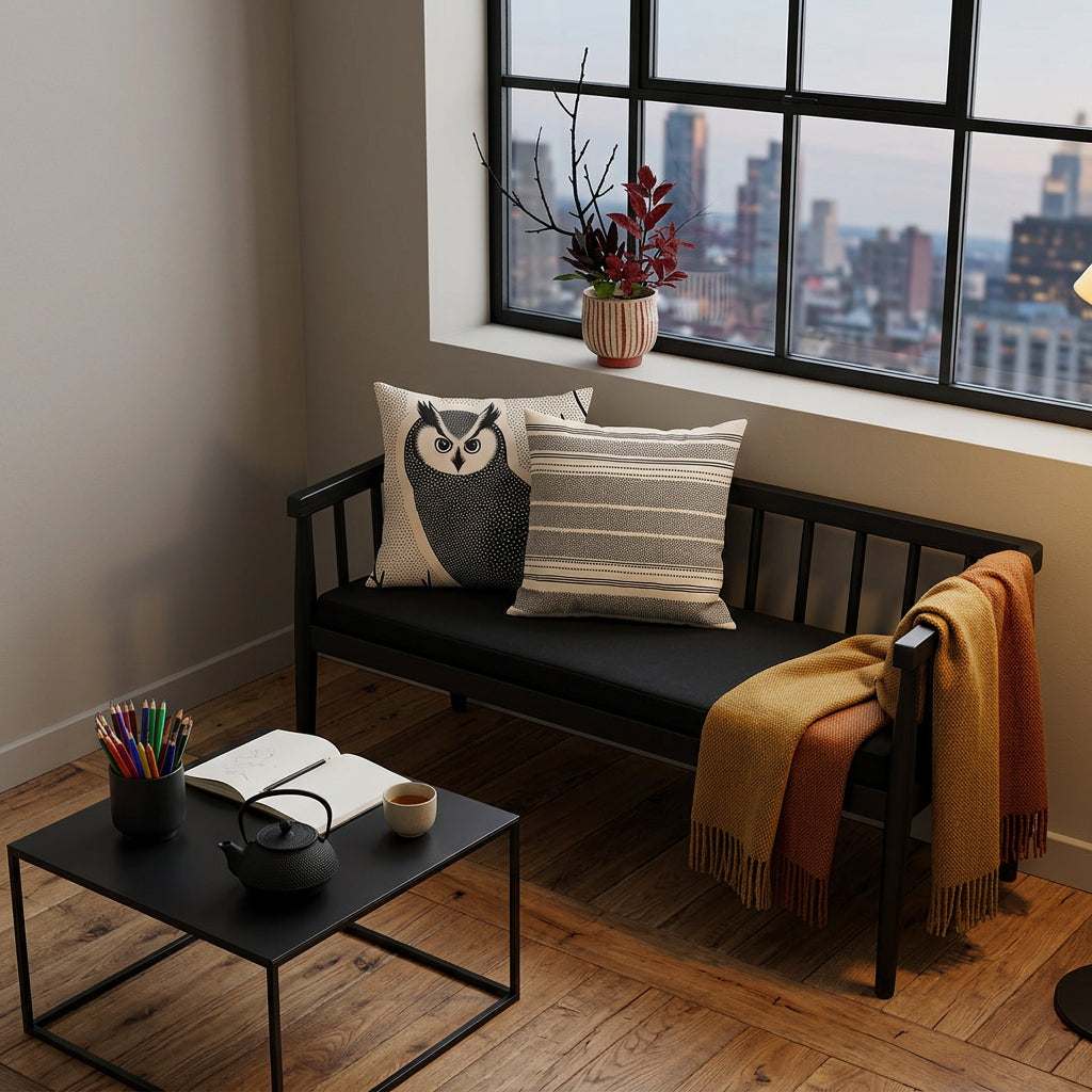 Photographie d’intérieur décoration de loft japandi ,  banquette en bois noir orné de 2 coussins mzelle design noir et blanc, placé sous une fenêtre industrielle vue sur le ville, adossé au mur grège lisse , sol en parquet rustique, une table basse en métal noir.