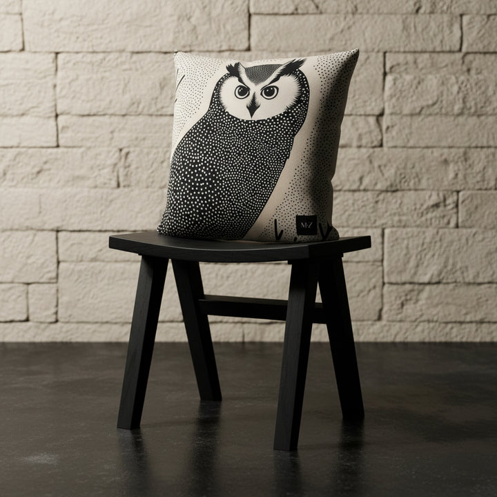 Photographie professionnelle qualité studio, d'un coussin mzelle design motif hibou grand duc,exposé sur un tabouret japonais en bois noir disposé contre un mur de pierres clair.