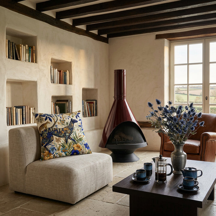 Photo professionnelle de décoration d'intérieur, salon de ferme-hôtel normande rénovée, fauteuil moderne sans accoudoirs, orné d'un large coussin mzelle design motif animalier parfaitement mis en valeur, murs enduits à la chaux blanc cassé avec 3 niches creusées remplies de livres . Poutres anciennes en wengé patiné, sol en pierre calcaire vieillie, cheminée brasero table basse monastique en bois wengé brut garni d'un service à café. 