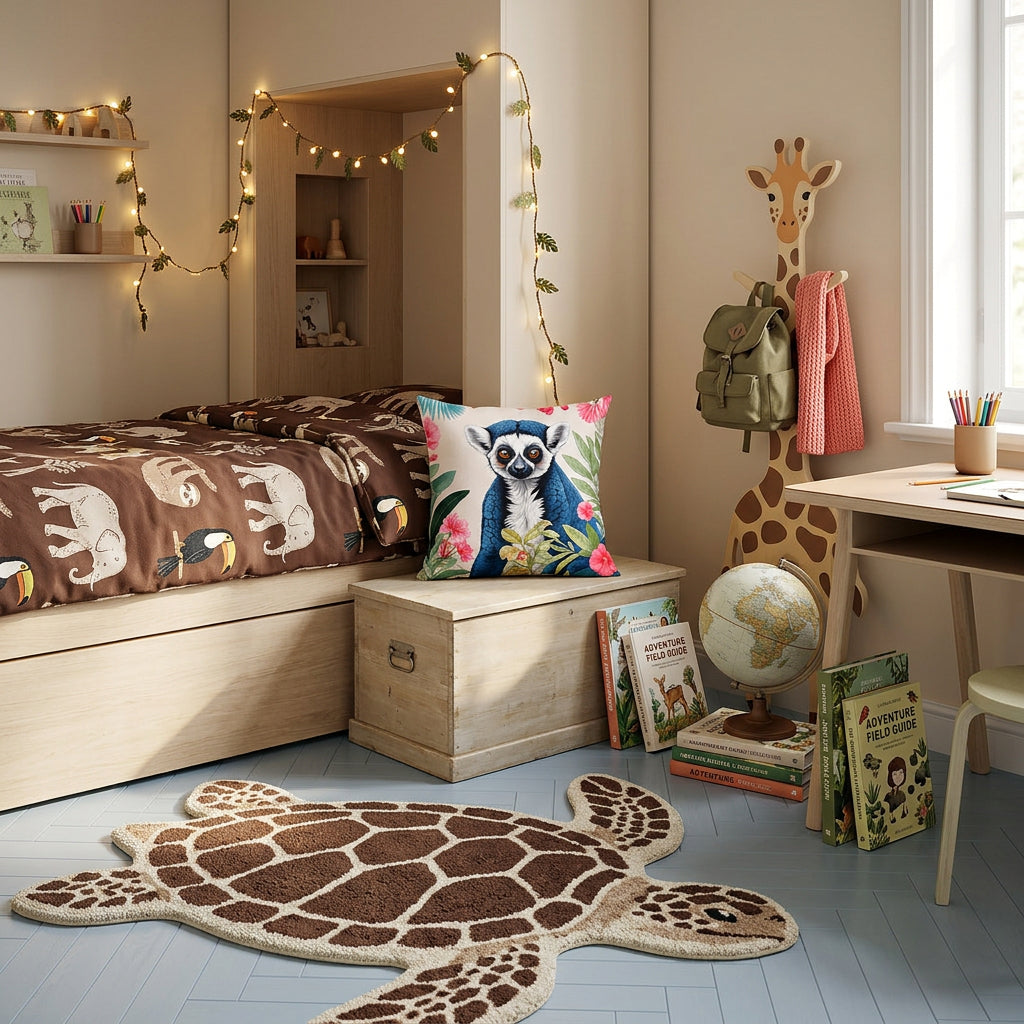 Photographie professionnelle de décoration, chambre d’enfant 6-10 ans inspirée d'un univers d’explorateur moderne, vue 3/4, lit plateforme très original avec alcôve intégrée et étagères cachées. couverture marron chocolat à motif jungle amusant écru. Focus sur un coffre en bois clair est posé un coussin mzelle design motif lémurien.  Murs beige doux, parquet bleu ciel au sol et tapis laineux en forme de tortue. 