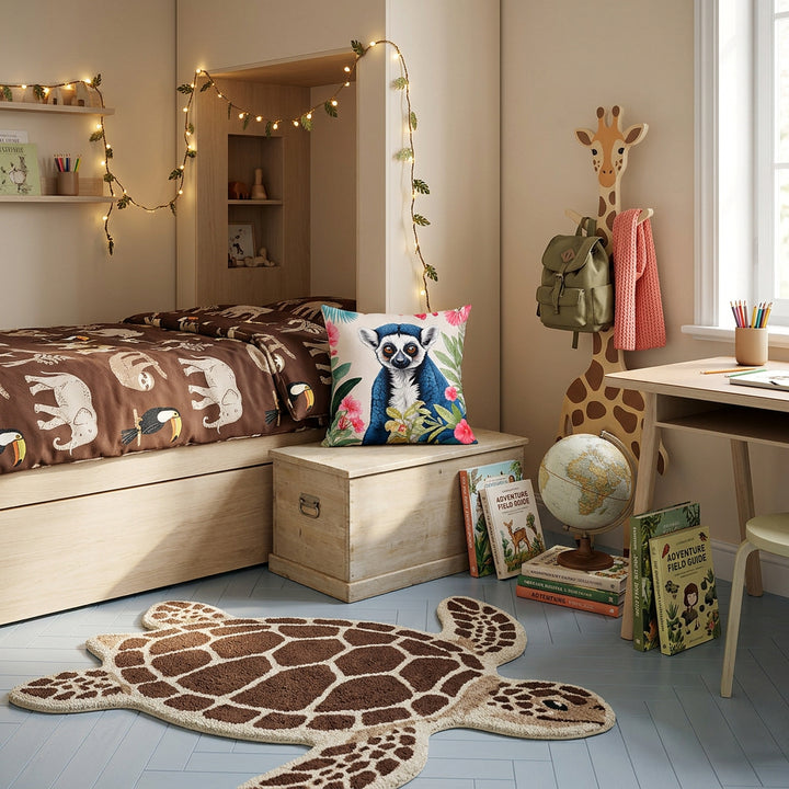 Photographie professionnelle de décoration, chambre d’enfant 6-10 ans inspirée d'un univers d’explorateur moderne, vue 3/4, lit plateforme très original avec alcôve intégrée et étagères cachées. couverture marron chocolat à motif jungle amusant écru. Focus sur un coffre en bois clair est posé un coussin mzelle design motif lémurien.  Murs beige doux, parquet bleu ciel au sol et tapis laineux en forme de tortue. 