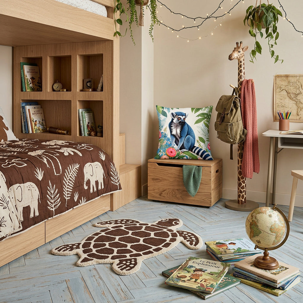 Photographie professionnelle de décoration, chambre d’enfant 6-10 ans inspirée d'un univers d’explorateur moderne, vue 3/4, lit plateforme très original avec alcôve intégrée et étagères cachées. couverture marron chocolat à motif jungle amusant écru. Focus sur un coffre en bois clair est posé un coussin mzelle design motif lémurien.  Murs beige doux, parquet bleu ciel au sol et tapis laineux en forme de tortue. 