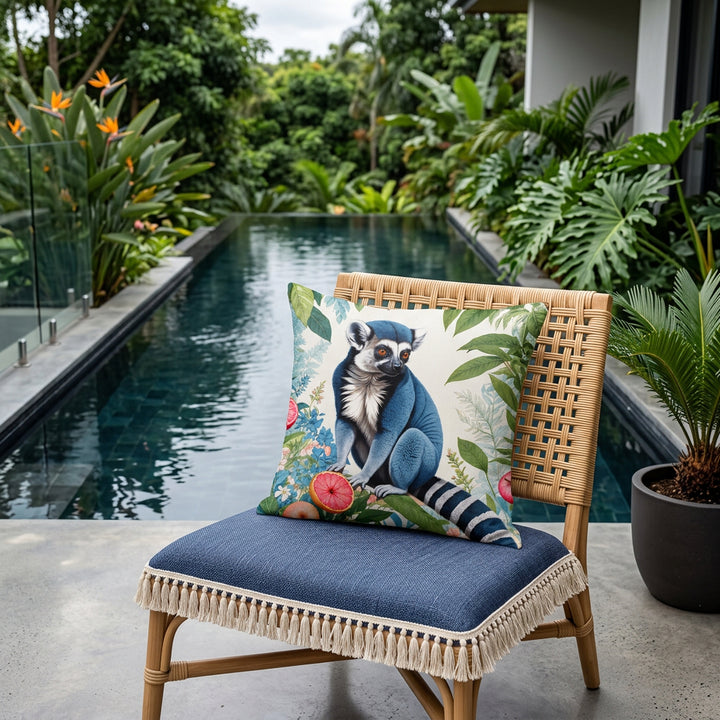 Photographie professionnelle d'un grand coussin mzelle design motif tropical lémurien, disposé sur une chaise au design contemporain en osier, dossier carré en cannage, assise bleu indigo finitions petits pompons écrus, placé devant une piscine sombre moderne à débordement et plantes exotiques. 