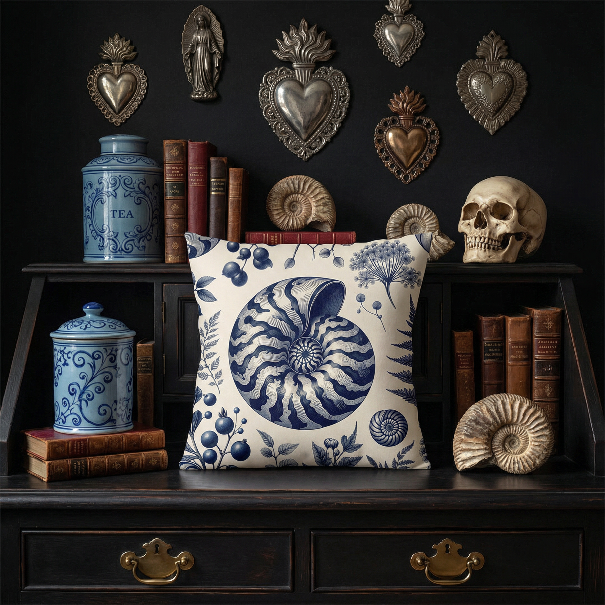 Photographie professionnelle d'intérieur d'un cabinet de curiosités, boutique de décoration de style moderne, mettant l'accent sur une commode naturaliste où est posé un coussin carré, entouré des objets rares.