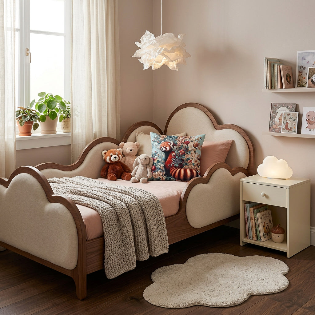 Photographie professionnelle de décoration, chambre d’enfant 6-10 ans style néo romantique non genré et kawaii, vue 3/4, lit sculptural aux formes arrondies évoquant un nuage contemporain orné d'un large coussin mzelle design motif panda roux , mobilier minimaliste crème et bois clair, palette pastel poudrée rose thé, pêche, beige lait, lavande grisée et pointe de vert sauge, accumulation de peluches. 