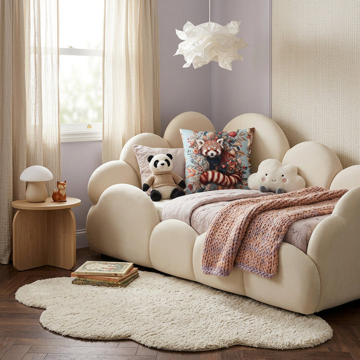 Photographie professionnelle de décoration, chambre d’enfant 6-10 ans style néo romantique non genré et kawaii, vue 3/4, lit sculptural aux formes arrondies évoquant un nuage contemporain orné d'un large coussin mzelle design motif panda roux , mobilier minimaliste crème et bois clair, palette pastel poudrée rose thé, pêche, beige lait, lavande grisée et pointe de vert sauge, accumulation de peluches. 