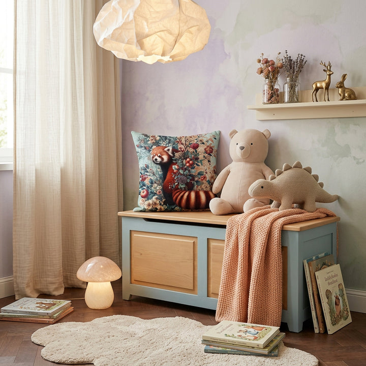 Photographie professionnelle de décoration, chambre d’enfant 6-10 ans style néo romantique non genré et kawaii, vue de face d'un coffre à jouets ciel et bois brun, orné d'un coussin mzelle design motif panda roux, posé dessus, mobilier minimaliste crème et bois clair, palette pastel poudrée rose thé, pêche, beige lait, lavande grisée et pointe de vert sauge, accumulation de peluches design haut de gamme, guirlande lumineuse d'étoiles et de lunes, livres illustrés empilés sur le sol.