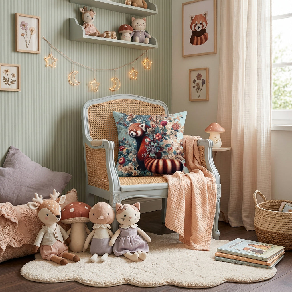 Photographie professionnelle de décoration, chambre d’enfant 6-10 ans style néo romantique non genré et kawaii, vue de face d'un fauteuil bleu ciel et bois brun, orné d'un coussin mzelle design motif panda roux, posé dessus, mobilier minimaliste crème et bois clair, palette pastel poudrée rose thé, pêche, beige lait, lavande grisée et pointe de vert sauge, accumulation de peluches design haut de gamme, guirlande lumineuse d'étoiles et de lunes, livres illustrés empilés sur le sol.