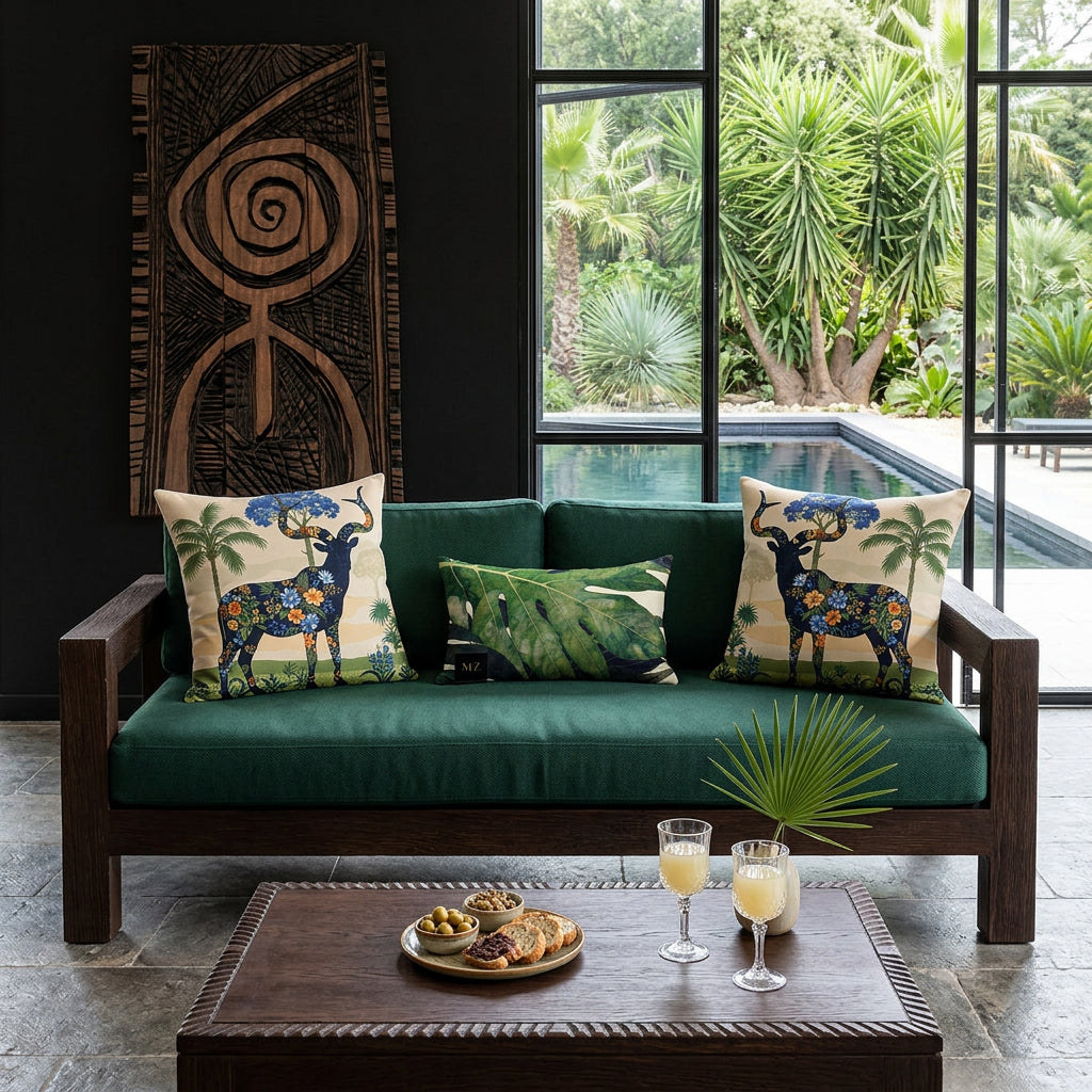 Photo professionnelle de décoration d'intérieur, salon Arty, villa provençale. Au premier plan vue de face d'un canapé en bois wengé rustiques, assises en twill vert bouteille orné de 3 coussins mzelle design,  Mur peint en noir décoré d'un grand panneau en bois , une table basse bois brut wengé sculptée, garnie de tapas et 2 verres de jus de fruit.