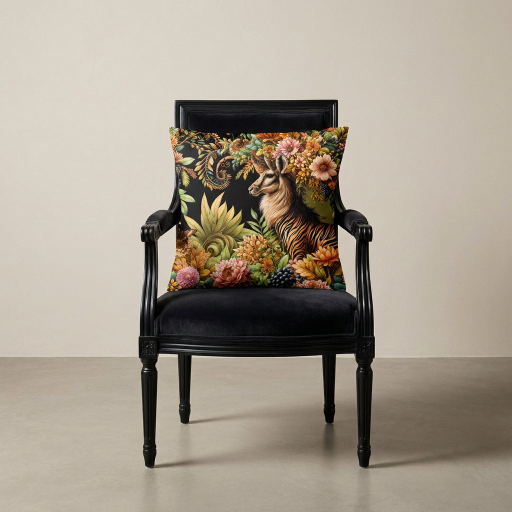 photographie professionnelle, vue de face sur un fauteuil régence noir avec un coussin posé dessus, placé dans un décor neutre, ecru, sobre, sol en ciment couleur unie.
