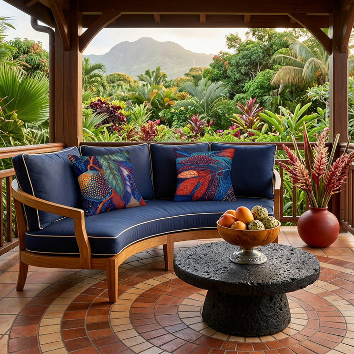 Photographie professionnelle terrasse d'hôtel en Guadeloupe,  canapé en demi lune structure en bois de manguier verni, épaisse et assises twill bleu marine piping écru, orné de 2 coussins mzelle design motifs calebasse et feuille, vue sur jardin luxuriant, et montagne tropicale.