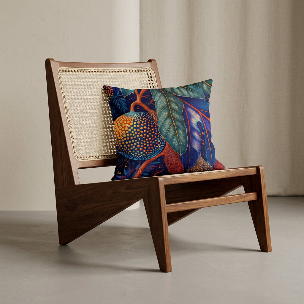 Photographie professionnelle extrêmement détaillée et de haute qualité d'un coussin mzelle design motif calebasse, disposé sur un fauteuil créole en bois de teck sans accoudoirs, dossier en cannage écru, assise en bois de forme triangulaire sur les côtés, disposé dans décor écru neutre, sobre, sol en ciment couleur unie.