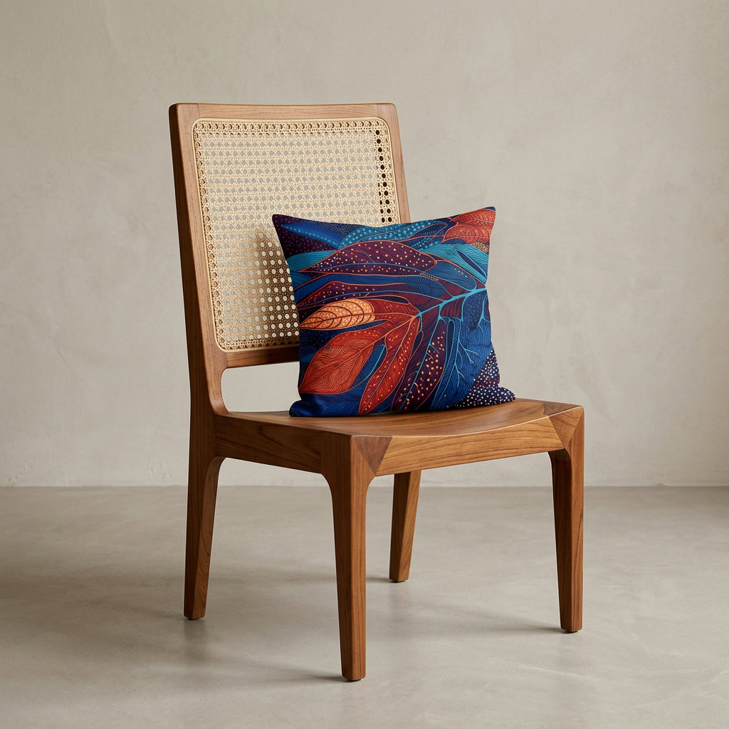 Photographie professionnelle extrêmement détaillée et de haute qualité d'un coussin mzelle design motif calebasse, disposé sur un fauteuil créole en bois de teck sans accoudoirs, dossier en cannage écru, assise en bois de forme triangulaire sur les côtés, disposé dans décor écru neutre, sobre, sol en ciment couleur unie.