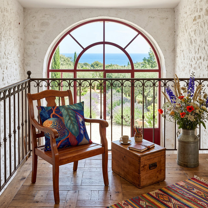 photographie professionnelle d'un intérieur provençal du sud de la France, fauteuil en bois de merisier vernis orné d'un coussin mzelle design motif calebasse tropicale bleu , disposé sur une mezzanine, balustrade en fer forgé , petit coffre en merisier rustique avec une tasse de café, carnet, pot à crayons, En arrière plan une ouverture en arche industrielle peinte en rouge foncée donnant sur un jardin typique.
