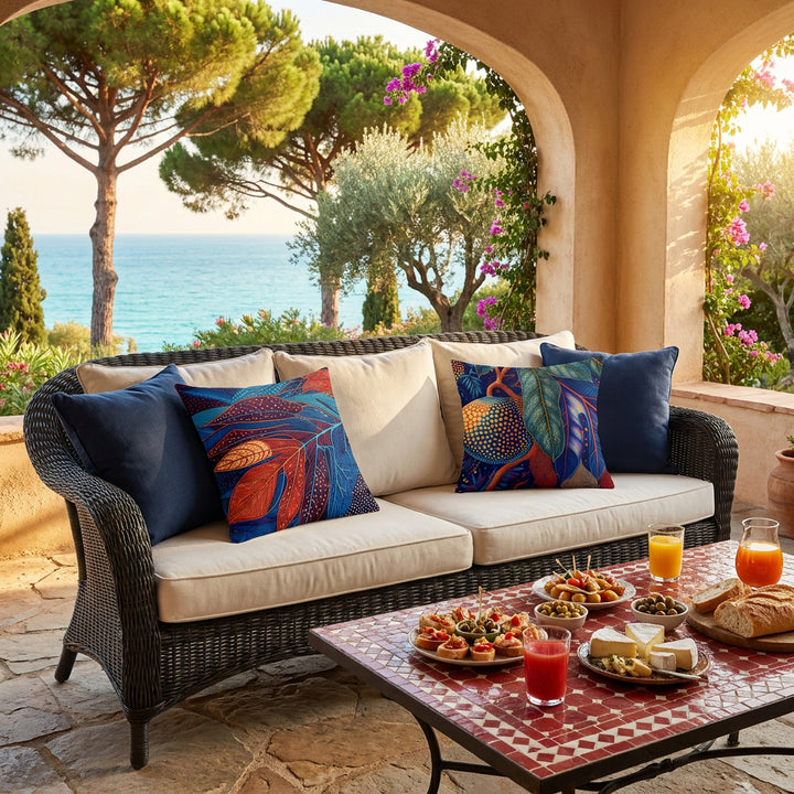 Photo professionnelle lifestyle, décoration french riviera, canapé en osier peint en marron foncé, assises en twill écrues ornées de 2 coussins : mzelle design motif calebasse, coussins unis bleu nuit et écrus autour. Sol en pierres , table basse recouverte de mosaiques rouge et blanc, garni de tapas et 2 verres de jus de fruit, et en arrière plan ouverture donnant sur la mer méditérannée, végétation typique du sud, pin, olivier . Atmosphère estivale.