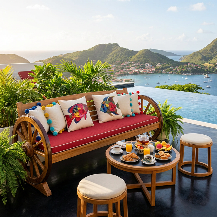 Photo professionnelle décoration roof top d'un hôtel aux Antilles, vue sur piscine à débordement et une baie, un banc avec 2 roues de charrettes en teck vernis aux extrémités, orné de 2 larges coussins mzelle design avec des poissons tropicaux,  entourés de coussins à pompons colorés, table basse avec service de petit déjeuner.