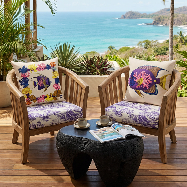 Photo professionnelle de décoration d'intérieur d'une villa eco-lodge en bois,  baignée de soleil , vue sur 2 fauteuils créoles en bois flotté au design arrondi et aux assises écrues avec des motifs toile de jouy thème marin violet , chacun orné d'un large coussin mzelle design motifs poissons tropicaux, en arrière plan vue sur la baie.