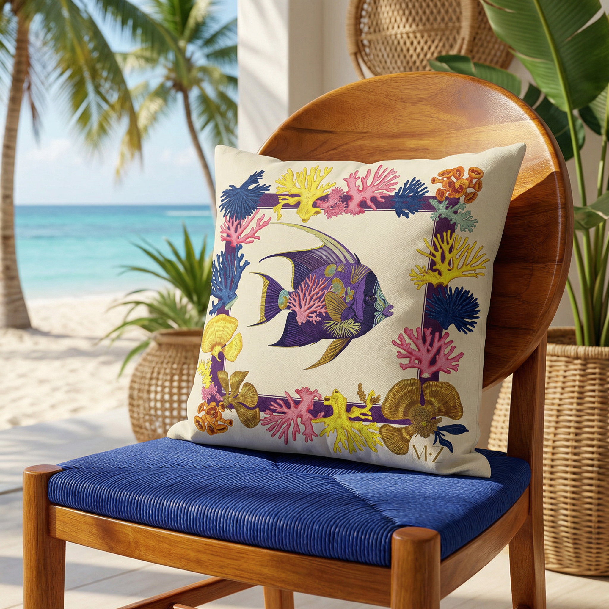 Photo professionnelle de décoration d'intérieur d'une villa eco-lodge en bois,  baignée de soleil , vue sur une chaise style créole, en bois  au design arrondi et orné d'un large coussin mzelle design motifs poissons tropicaux, en arrière plan vue sur la plage.