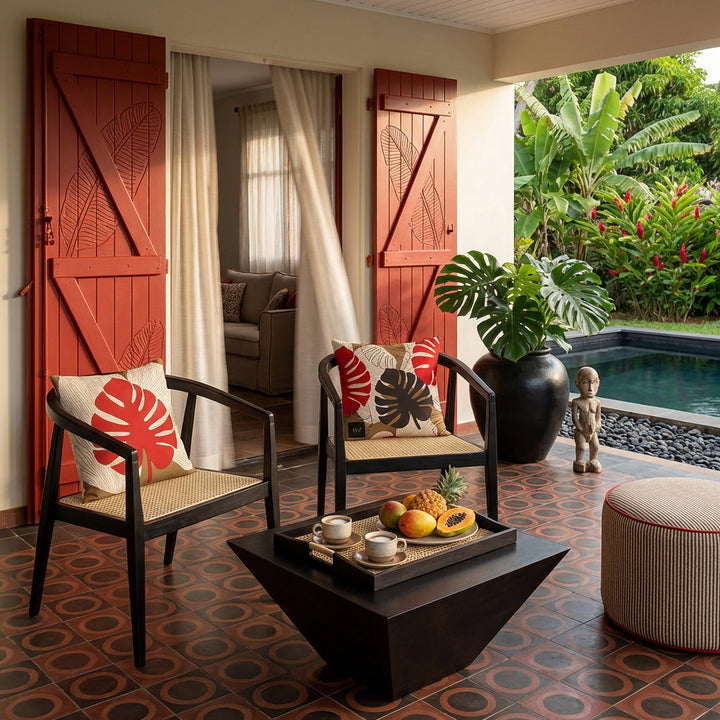 Photo de décoration de villa créole avec 2 sublimes fauteuils en ébène au design moderne, cannage beige orné chacun de coussin mzelle design, motif feuilles de monstera, table basse tasses de café et assiette de fruits,portes en bois peint rouge gravées  , carrelage géométrique de cercles, grand pot en grès noir contenant une plante monstera, jardin et piscine.