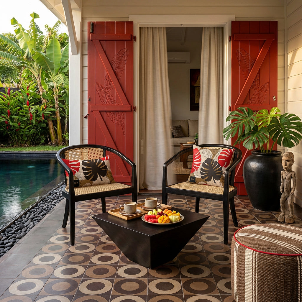 Photo de décoration de villa créole avec 2 sublimes fauteuils en ébène au design moderne, cannage beige orné chacun de coussin mzelle design, motif feuilles de monstera, table basse tasses de café et assiette de fruits, portes en bois peint rouge gravées  , carrelage géométrique de cercles, grand pot en grès noir contenant une plante monstera, jardin et piscine.